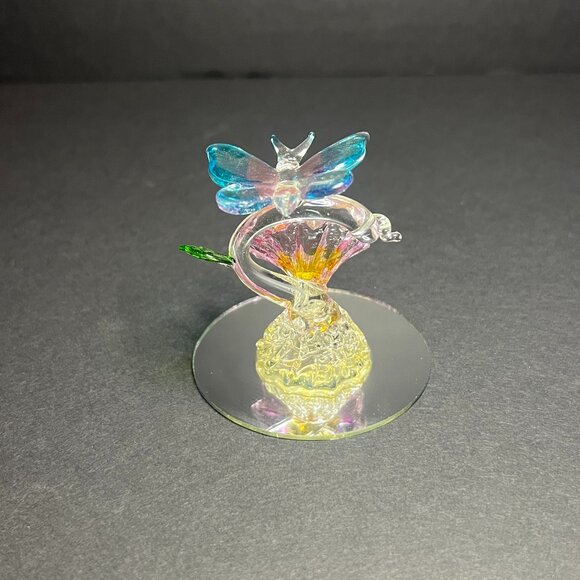 Hand Blown Spun Art Glass Pink & Blue Butterfly on Flower Decorative Figurine - Picture 4 of 6